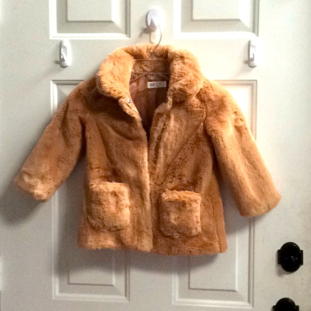 H & M girls nude faux fur front button jacket 5T